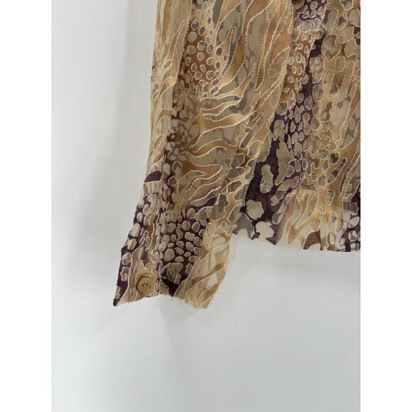 Bamboo Traders Button Up Shirt Womens Large Gold Brown Sheer Flax Animal Print - Picture 12 of 16